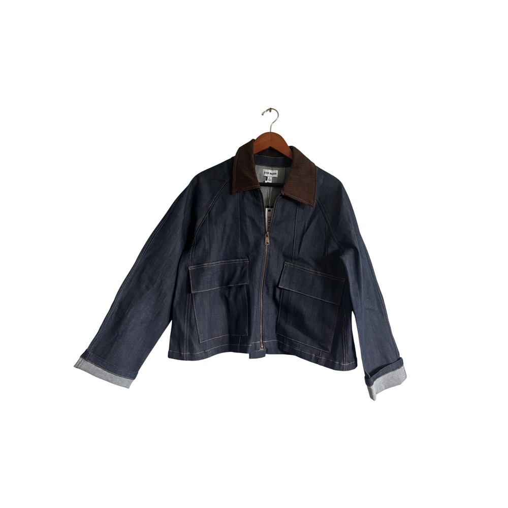 Steve Madden Womens Dark Wash Denim Jacket Corduroy Collar Zip Up BP32922X L